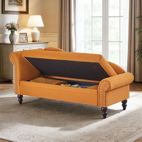ERYE Velvet Upholstered Right Facing Chaise Lounge Chair, Blue Chaise Lounge Storage W/Nailhead Trim, Wood Legs, Classic Recliner Lounger Accent Sofa for Living Room Bedroom - color: Yolk Yellow/R