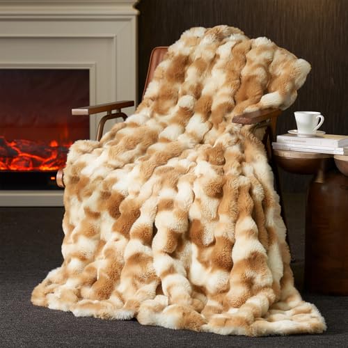 Faux Fur Throw Blanket for Couch, Ultra Soft Fuzzy Plush Bubble Throw for Sofa, Living Room & Home Decor, 50"x60", Tie-dye Khaki - color: Tie-dye Khaki, size: 50" x 60"