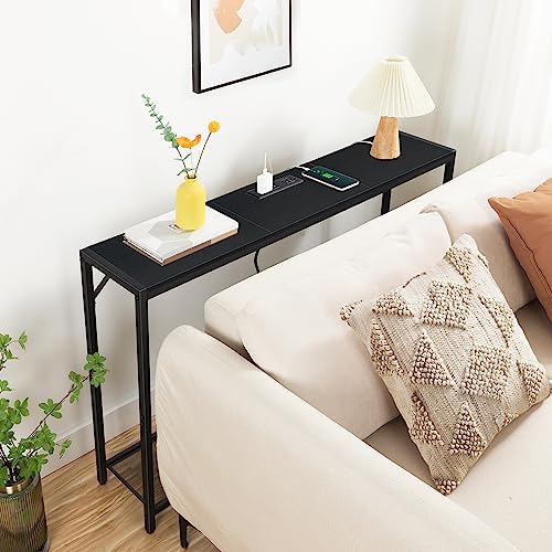 MAHANCRIS 43.7" Console Table with Outlet, Narrow Sofa Table with Shelf | 2 Tier Behind Couch Table, Charging Station, Steel Frame, for Entryway, Living Room, Foyer, Hallway, ofice, Black CTHB11E01N1 - color: Black