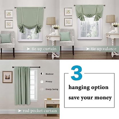 H.VERSAILTEX Solid Blackout Curtain Energy Efficient Tie Up Shades Rod Pocket Panel for Kitchen (Light Sage, 42W x 63L, One Panel) - color: Light Sage
