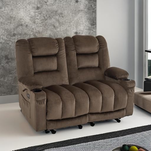MCombo 56 in Reclining Loveseat Recliner with Heat & Massage PR648 (Brown) | 155° Zero Gravity, Dual Charging Ports, Cup Holders, FSC & OEKO Certified - color: Dark Brown, size: Loveseat Recliner with Zero Gravity
