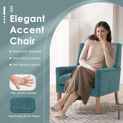 COLAMY Modern Wingback Living Room Chair, Upholstered Fabric Accent Armchair, Single Sofa Chair with Lounge Seat and Wood Legs for Bedroom/Office/Reading Spaces, Teal - color: Teal, size: Set of 1