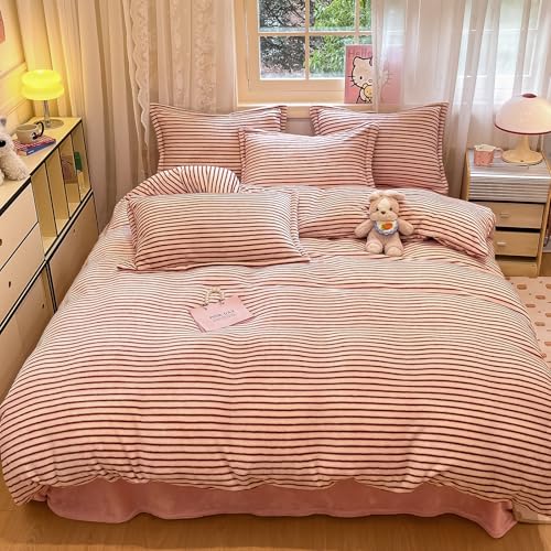 MorroMorn Pink Duvet Cover Queen, Pink Bedding Sets, Fluffy Comforter Covers Set, Down Alternative Blanket Ultra Soft Kawaii Cute for Girls Kids Teen Women Full Double Size - color: Pink Stripes, size: Full/Queen