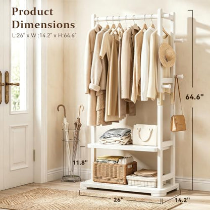 Solid Wood Clothes Rack with 2 Shelves & 4 Hooks for Hanging Clothes Garment Wallets Hats, White Clothing Rack Heavy Duty Coat Rack Freestanding with Storage Hall Tree for Hallway Bedroom Living Room | Hallway bedroom living room, durable wood constructio