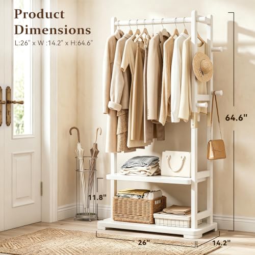 Solid Wood Clothes Rack with 2 Shelves & 4 Hooks for Hanging Clothes Garment Wallets Hats, White Clothing Rack Heavy Duty Coat Rack Freestanding with Storage Hall Tree for Hallway Bedroom Living Room | Hallway bedroom living room, durable wood constructio