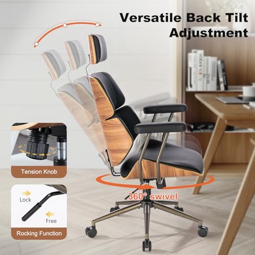 Mid Century Walnut PU Leather High Back Office Chair with Headrest, Black | Curved walnut back & seat, high-back with headrest, PU leather, padded armrests, executive swivel & rolling for home office - color: Black, size: 2-Section Back / Headrest
