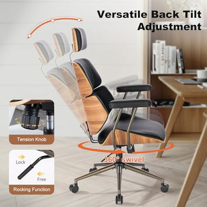 Mid Century Walnut PU Leather High Back Office Chair with Headrest, Black | Curved walnut back & seat, high-back with headrest, PU leather, padded armrests, executive swivel & rolling for home office - color: Black, size: 2-Section Back / Headrest
