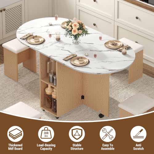 60" Extendable Drop Leaf Dining Table Set with 4 Leather Chairs,Storage,5 Pcs Oval Foldable Kitchen Table and Chairs Set for 4-8 People,6 Wheels,Folding Table Set for Small Space Saving,White Marble - color: White Marble