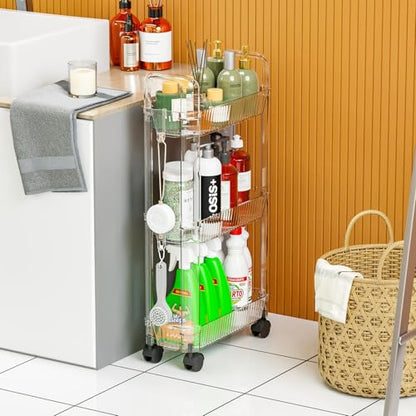 3 Tier Slim Rolling Storage Cart with Wheels for Small Space,Clear Modern Design Slim Utility Cart Suitable as Bathroom Cart Organizer Shelf,Skinny Bathroom Storage Rack,Narrow Laundry Cart on Wheels