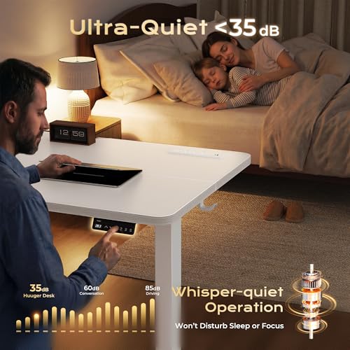Huuger 전원 콘센트 및 USB-C 포트가 있는 전기 스탠딩 데스크, 119.9 x 61cm(47 x 24인치) 높이 조절 가능한 책상, 홈 오피스, 컴퓨터 및 게이밍 책상용 앉은 스탠드 데스크, 4개의 프리셋, 안정적인 스틸 프레임, 화이트 - color: 화이트., size: 47.2 x 23.6 inch