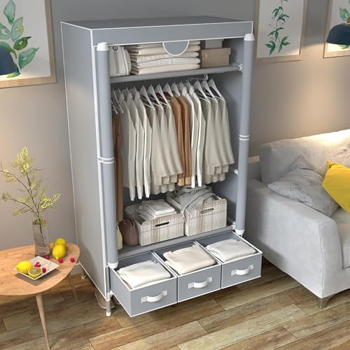 Portable Clothes Closet Rolling Door Wardrobe with Hanging Rack Non-Woven Fabric Storage Organizer with Three Drawer Boxes No-Tool Assembly - 35.4 x 17.7 x 67.0 ‘’ (Gray)