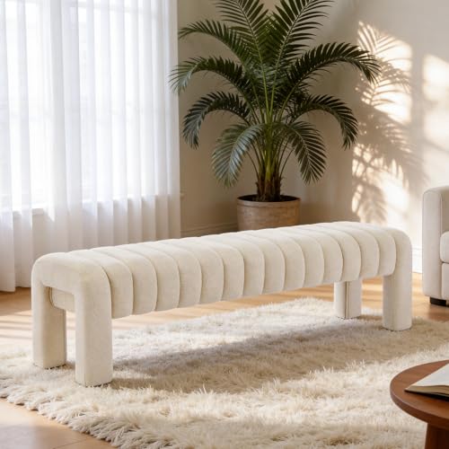 63" Bedroom Bench, Upholstered Entryway Bench, Modern End of Bed Ottoman with Solid Wood Legs and Adjustable Foot Pegs for Entryway, Dining Room and Living Room (Beige Linen) - color: Beige Linen, size: 63"