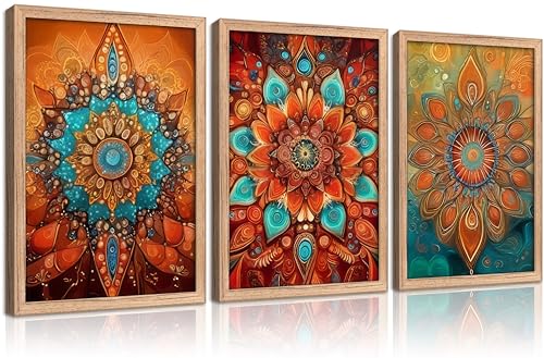 3Pcs Boho Mandala Floral Canvas Wall Art Vintage Floral Red Bloom Painting Picture Wall Decor Modern Plants Colorful Flowers Poster Print Artwork for Living Room Bedroom Office Bathroom Home Framed - color: Floral-9, size: 24"L x 16"W