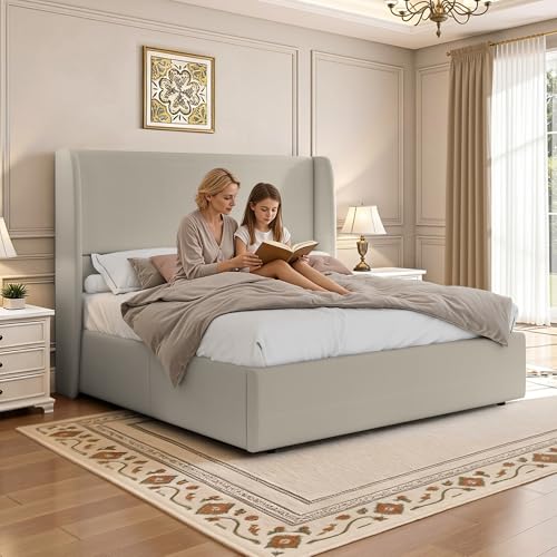 King Size Lift Up Storage Bed Frame with 51.2" Wingback Headboard, Linen Upholstered Platform Bed, Hydraulic Support System, Reinforced Metal Structure, No Box Spring Needed, Khaki - color: Khaki, size: King (U.S. Standard)