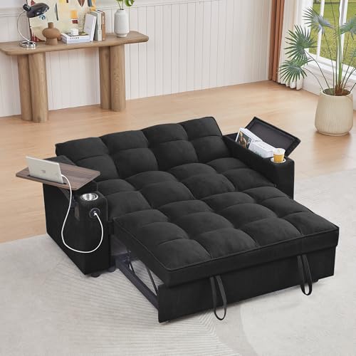 65'' 3-in-1 Folding Convertible Sofa Bed, Pullout Sofa, Modern Chenille Fabric, 360° Swivel Side Table, Easy Assembly, Perfect for Living Room, Black - color: Black
