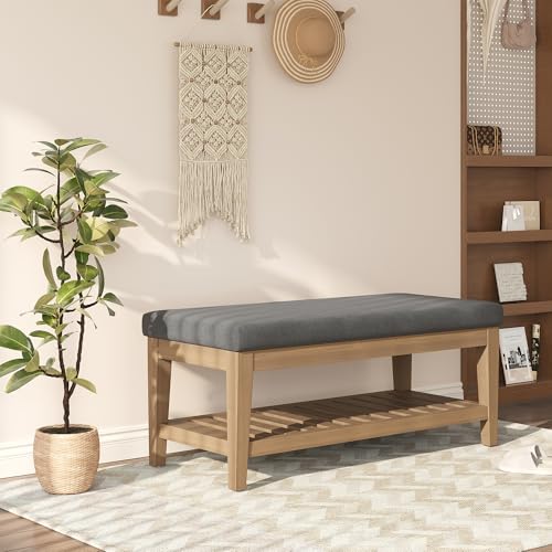 Apicizon 45" Shoe Rack Bench with Upholstered Cushion, Solid Rubberwood Entryway Shoe Bench, Modern Chenille Ottoman Bench with Storage for Hallway Bedroom Living Room Front Door Entrance, Dark Gray - color: Dark Gray