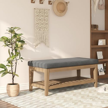 Apicizon 45" Shoe Rack Bench with Upholstered Cushion, Solid Rubberwood Entryway Shoe Bench, Modern Chenille Ottoman Bench with Storage for Hallway Bedroom Living Room Front Door Entrance, Dark Gray - color: Dark Gray