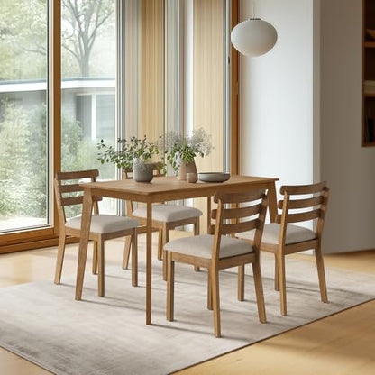 Farmhouse Dining Table Set for 4, Wooden Kitchen Table & Solid Wood Chairs | 4 Upholstered Chairs, Modern Rectangular Dining Room Table and Chairs for Kitchen, Small Spaces, Rubberwood Legs, 5-Piece - size: 1 Table With 4 Chairs