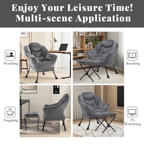 Lazy Chair with Ottoman, Comfy Reading Chair, Darkgrey | Cushioned Seat with Foldable Ottoman and Side Pocket, Lounge Chair for Bedroom, Living Room, Dorm and Small Spaces - color: Darkgrey