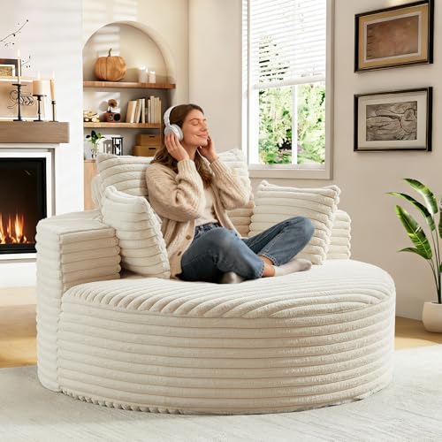 55" Oversized Round Chaise Longue Chair Indoor, Upholstered Corduroy Circle Single Cloud Reading Sofa Chair Deep Seat Modern Boneless Sleeper Couch No Assembly Required, Beige - color: Beige, style: 55"Corduroy