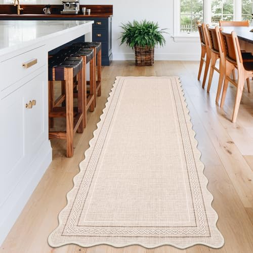 GarveeHome Scalloped Washable Rugs 2x6 Hallway Runner Rug Non Slip, Beige | Kitchen Rugs Soft Non Shedding Modern Low Pile Entryway Rug Stain Resistant Carpet for Bath Laundry Room Bedroom - color: Beige, size: 2' x 6' (Runner)