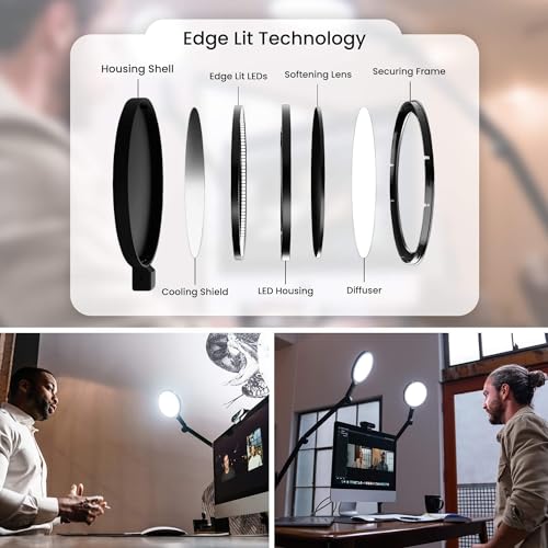 LUME CUBE Edge 2.0 LED Desk Lamp | Dimmable Home Office Desk Light with USB Charging Port & Strong Swing Arm | Adjustable Color Temperature and Brightness | Circle Webcam Light - Black - size: Black - Single