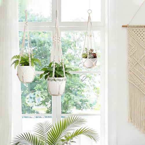LEWESU 3 Pack Macrame Plant Hanger Indoor 3 Different Sizes Hanging Planter Basket Flower Pot Holder with Wood Beads & No Tassels for Boho Home Decor, 23, 30, 35 Inch, Ivory (Pot Not Included) - color: Ivory, size: 23" + 30" + 35"
