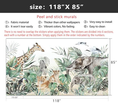 YIHWM-Peel and Stick Animal Wallpaper Tropical Rainforest Zoo Theme Mural | Tear-resistant,with a substantial feel;Will not be damaged during repositioning.Boy's Room,kids room wallpaper.M-118"x85" - color: Yh13, size: 118"x85"