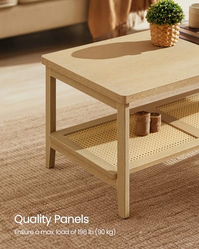 VASAGLE 2-Tier Coffee Table for Living Room, Rectangular Living Room Table, with PVC Rattan Storage Shelf, Rounded Corners, Easy Assembly, Boho Style, 21.7 x 39.4 x 17.7 Inches, Oak Beige ULCT240Y57 | Rectangular Living Room Table, Rounded Corners, Easy A
