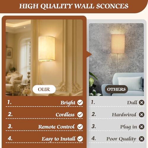 OCATO Battery Operated Wall Sconce Wireless Wall Sconces Set of Two | Rechargeable Magnetic Bulb Wall Lights Lamp Dimmable Timer with 16 RGB Fabric Linen Shade with Remote for Bedroom Living Room - color: Off-White