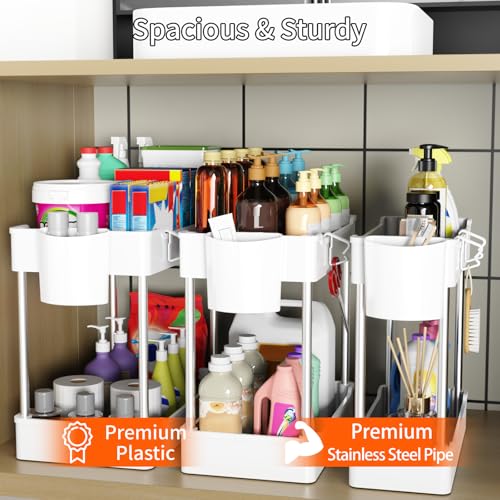 3 Pack Under Sink Organizer Bathroom and Storage Cabinet (White) | 2 Tier with Hanging Cups for Kitchen - color: White