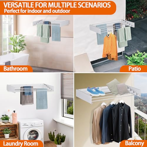 Laundry Drying Rack Wall Mounted Clothes Drying Rack Collapsible with 5 Aluminum Rods and Drilling Template Long Screwdriver Bit 60 lbs Capacity (White, 40") - color: White, size: 40"