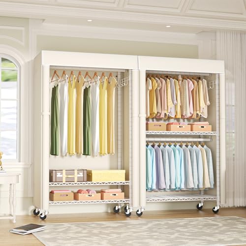 White Clothing Rack with Beige Cover, P1C Rolling Closets | Metal Garment Rack for Hanging Clothes, Clothing Storage Wardrobe, with Wheels - color: White Rack With Beige Cover