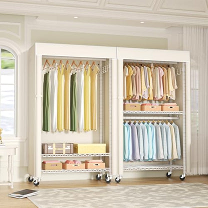 White Clothing Rack with Beige Cover, P1C Rolling Closets | Metal Garment Rack for Hanging Clothes, Clothing Storage Wardrobe, with Wheels - color: White Rack With Beige Cover