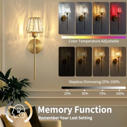 Battery Operated Crystal Wall Sconce Set of 2, Gold Rechargeable Wireless Wall Sconces with Remote Dimmable 12 Colors Modes Led Wall Lights, Wall Lamp for Bedroom Living Room Hallway, 2 Bulbs Included - color: Gold