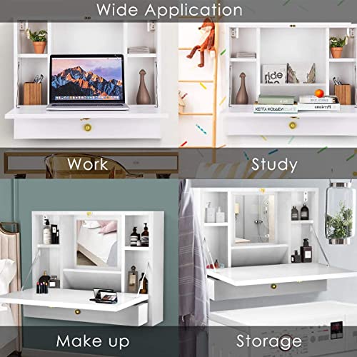 GRAFFY Wall Mounted Table, Multifunctional Folding Hanging Storage Cabinet, Space Saving Computer Desk w/Storage Drawer and Shelves, Wall Mount Laptop Desk for Home Office (White)
