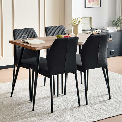 Dining Table Set for 4, Modern Wood Irregular Rectangle Dining Table, Linen Fabric Dining Chairs 4,Table and Chairs Set of 4 for Kitchen Dining Room, Black - color: Black, size: 47" Rectangular Table+4 Chairs