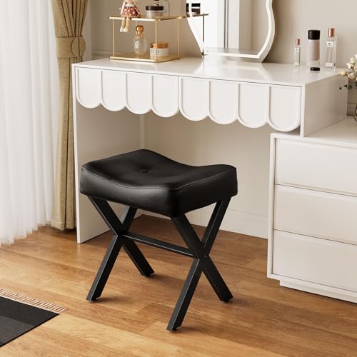 18-Inch Leather Vanity Stool Chair, Black | Vanity Bench, Metal X-Leg, Ottoman Accent Stool, Thick Padded Saddle Seat, 300 LBS, 16.3"x12.4"x18", For Living Room, Bedroom - size: Small, style: Black Leather