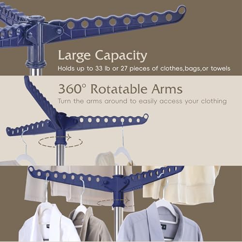Beaudaily Clothes Drying Rack, Foldable 74.8-Inch Laundry Drying Rack, Indoor 2 Tier Drying Rack Clothing with Rotatable Arms, Stainless Steel, Holds 54 Pieces, Space Saving, Blue and Silver - color: Blue + Silver, size: 2-Tier