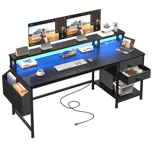 DurayLoly 55" Gaming Desk with RGB Lights & Power Outlets for Teens | Wireless Remote Full-Color Strip, Various Lighting Modes, Level Up Teens Gaming Vibe or Study for Protect Eyes In Bedroom - color: Black, size: 55"W*20"D*35.5"H