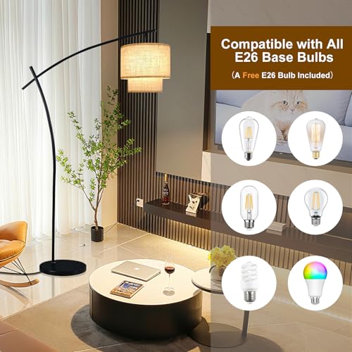 Lightdot Arc Floor Lamp for Living Room, Modern Standing Tall Lamps with Double Linen Shade, Tall Hanging Pole Lamp with Stable Base & Bulb Included for Bedroom/Sofa Beside/Corner Decor-Black - color: Fabric-Black