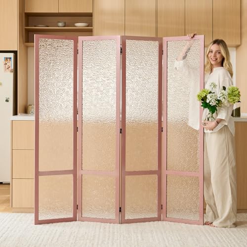4 Panel Acrylic Room Divider Privacy Screen - Freestanding Frosted Translucent Partition, Lightweight Modern for Home Office Studio (Pink, 4 Panels) - color: Pink