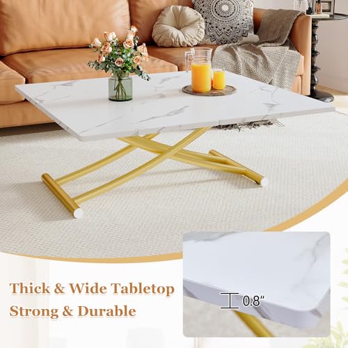 Adjustable Height Coffee Table, Folding Dining Table, White&Gold | Convertible lift top table for use as a coffee table, dining table, home office desk or vanity - color: White & Gold Legs