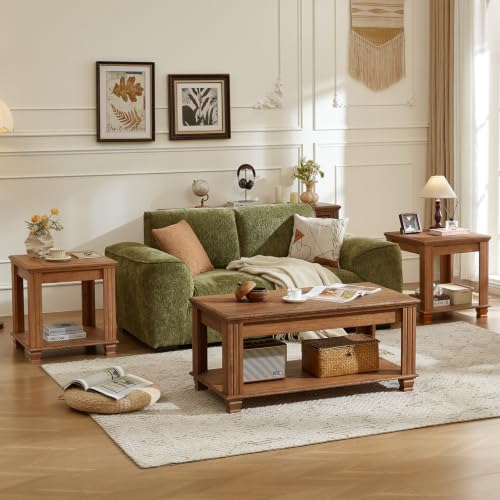 Farmhouse Coffee Table Set of 3, Brown | Rustic Wood 3 Piece Coffee and End Table Sets with Open Shelf for Living Room - color: Brown