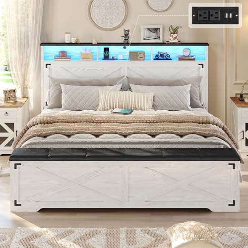 Queen Size Bed Frame with Storage Ottoman, Farmhouse Bed Frame with Charging Station and Led Light, Headboard with Storage Rack, Metal Slats, No Noise Design, No Box Spring Needed,Walnut White - color: Walnut White, size: Queen