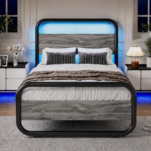 Twin Bed Frames, Metal Platform Twin Bed Frame with Wood Headboard, Grey | RBG LED Lights/Heavy Duty Metal Slats Support/12 in Under-Bed Storage/Noise-Free/No Box Spring Needed/Easy Assembly - color: Wash Gray, size: Twin