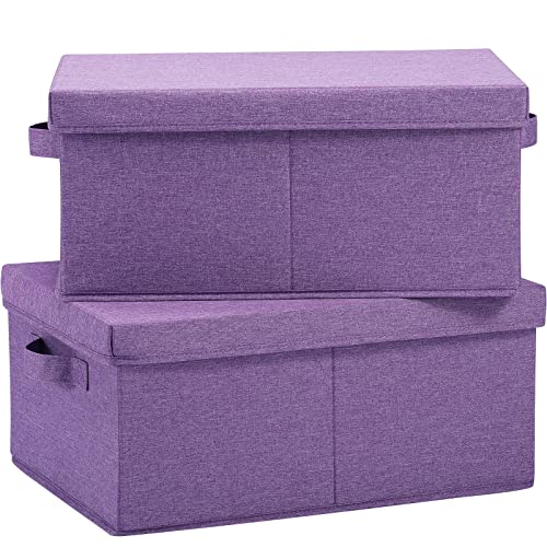 HOONEX Foldable Storage Bins with Lids, Pack of 2, Storage Boxes with 2 Carrying Handles and Sturdy Heavy Cardboard, 16.5" L x 11.8" W x 7.5" H for Shoes, Books, Clothes, Purple - color: Purple