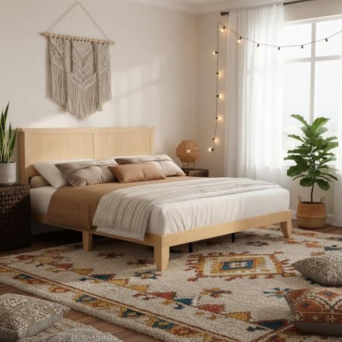 Garvee Bohemian Full Rattan Bed LED Natural Headboard Bedroom | Bohemian full rattan bed with natural headboard, LED lights, solid wood frame. No box spring needed for bedroom use. - size: Full(0 Drawers)