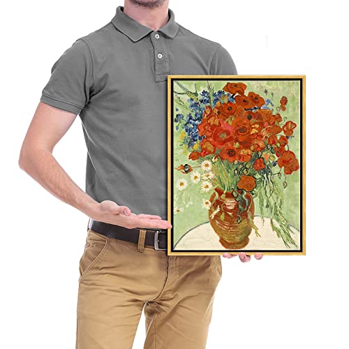 Wieco Art Framed Wall Art of Red Poppies and Daisies by Vincent Van Gogh Paintings Reproduction Abstract Canvas Prints for Home Living Room Decorations Bronze Gold Frame - size: 16"L x 12"W
