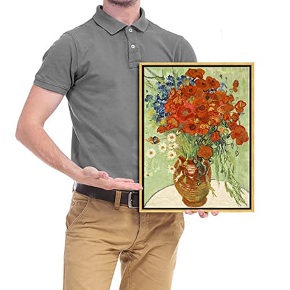 Wieco Art Framed Wall Art of Red Poppies and Daisies by Vincent Van Gogh Paintings Reproduction Abstract Canvas Prints for Home Living Room Decorations Bronze Gold Frame - size: 16"L x 12"W